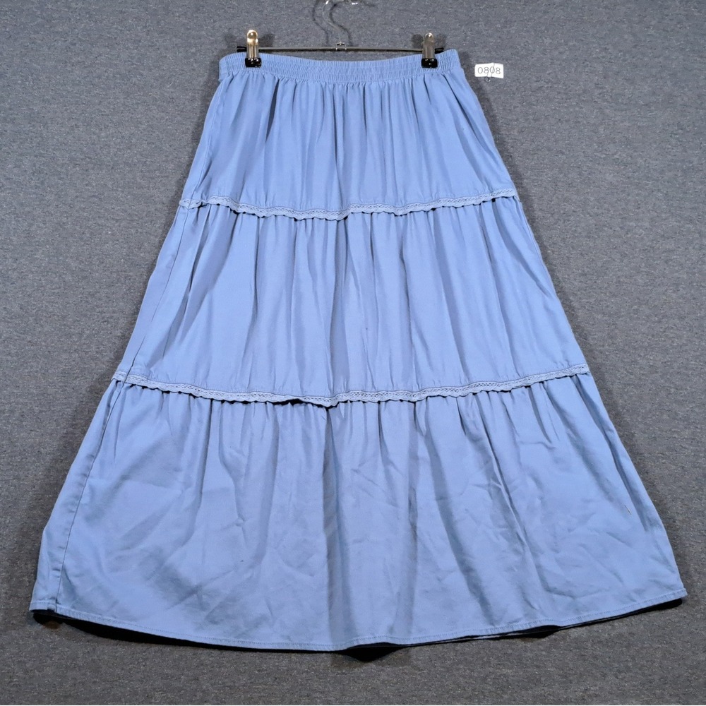 Napa Valley Petite Light Blue Tiered Maxi Skirt Lace Trim Cotton Rayon PM
